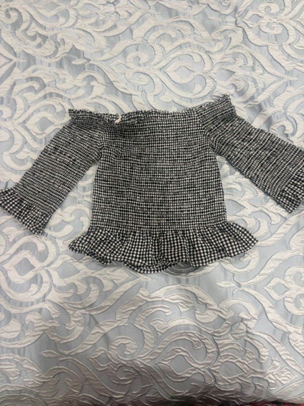 Dex Black and White Gingham Elastic Off-Shoulder Top
